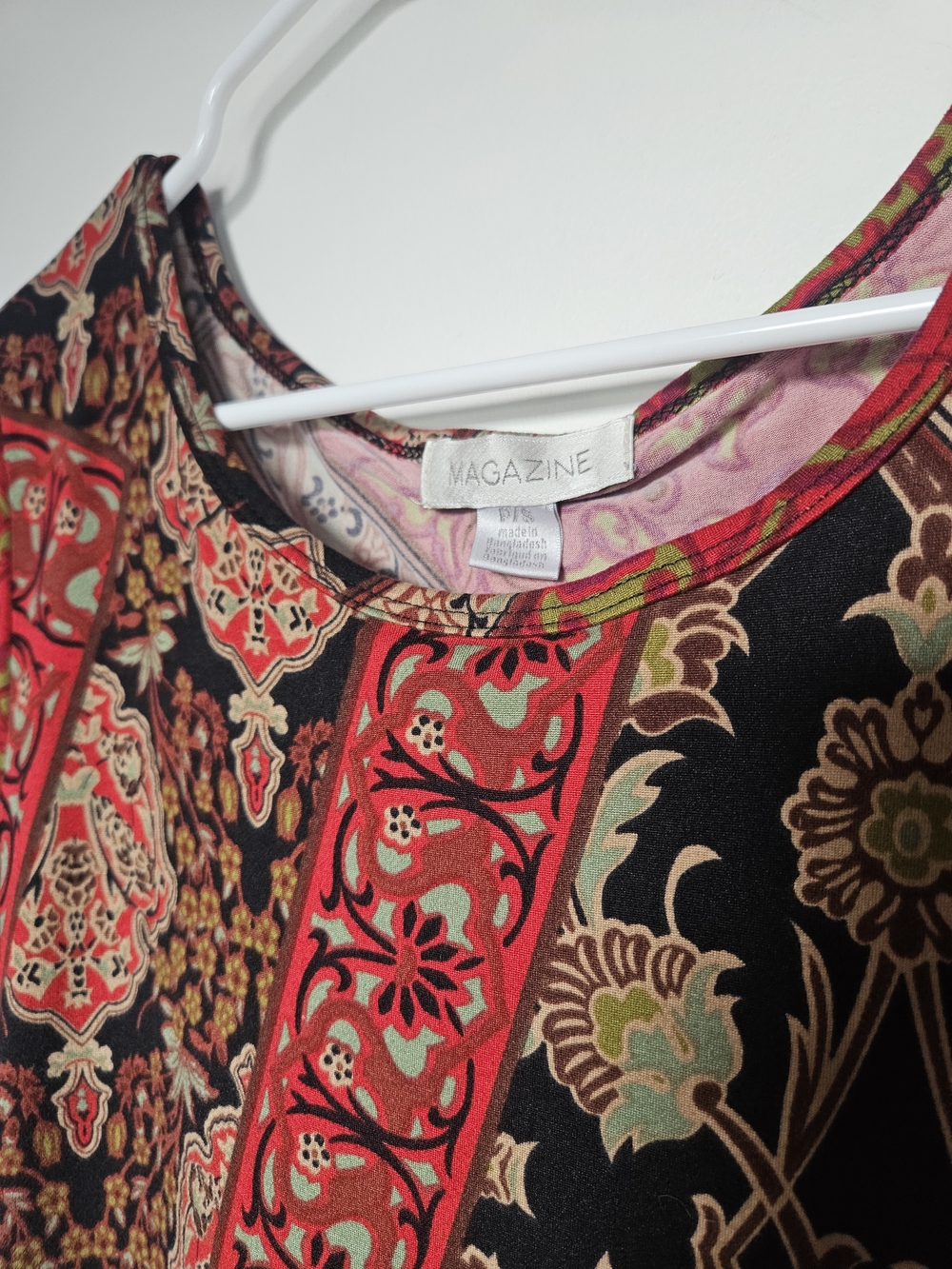 MAGAZINE Boho Patchwork Fit & Flare Dress 3/4 Sleeve Red Black Size P/S - Picture 2 of 2